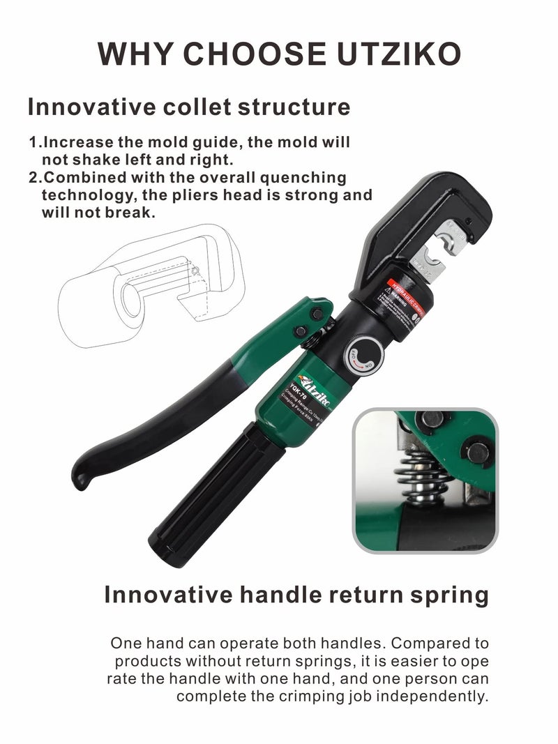UTZIKO Hydraulic Cable Lug Crimper 10 US TON 12 AWG to 00 (2/0) Electrical Terminal Cable Wire Tool Kit with 9 Die (12awg~00awg Crimping Tool) - Image 4